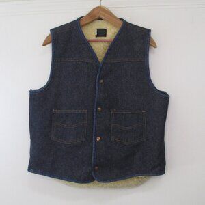 Roebucks Vintage Denim Vest Sherpa Lined Mens Large Tall 1970s 1980s Snap Sears